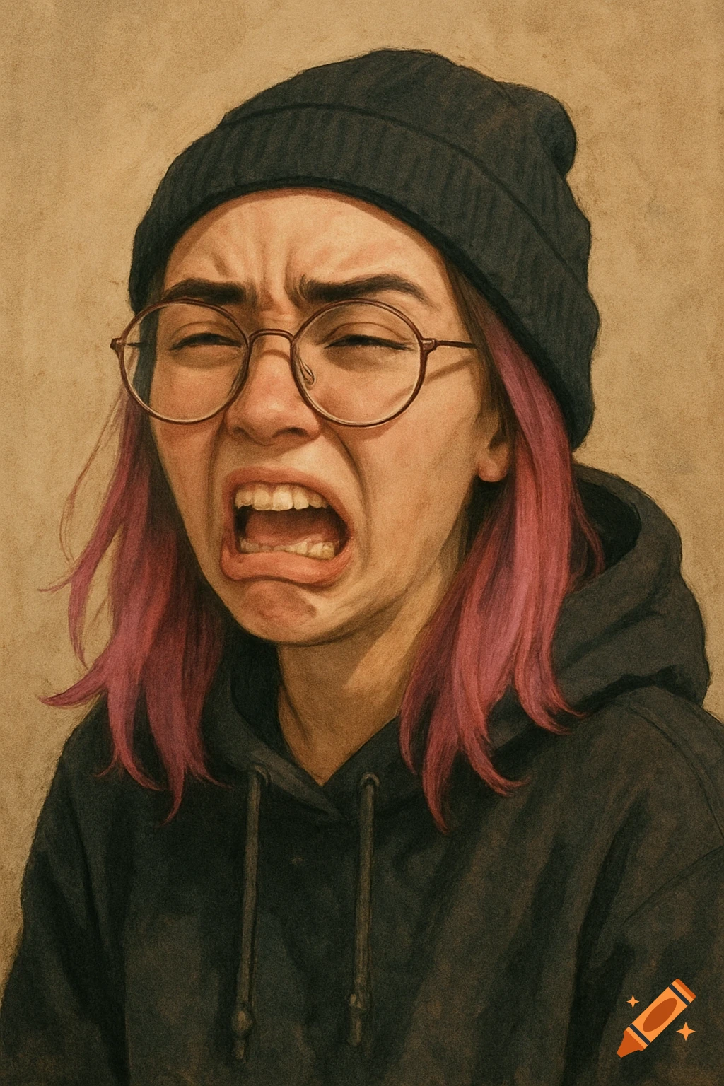 A detailed portrait drawing of a young person with pink hair, glasses, and a beanie making a strong face of disgust or crying.