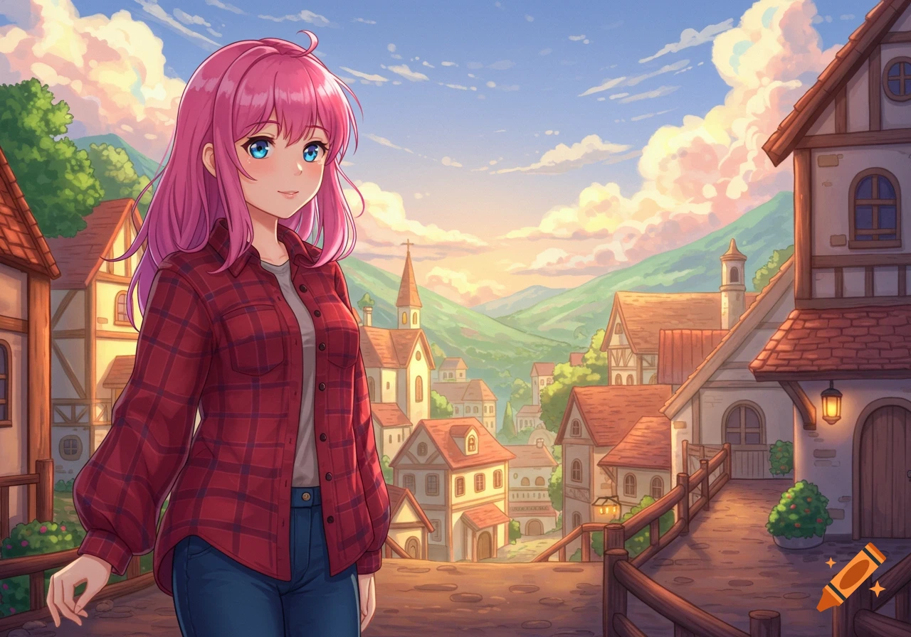 Anime girl with pink hair wearing a red flannel shirt in a village scene at sunset.