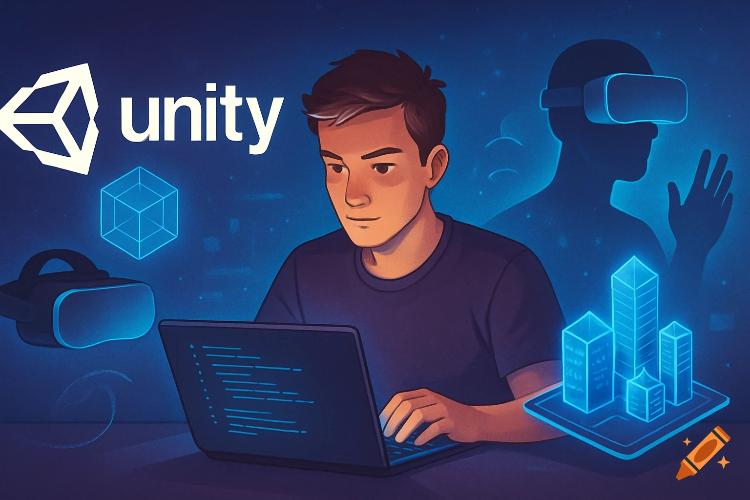 Illustration of a person coding on a laptop with the Unity logo and virtual reality elements.
