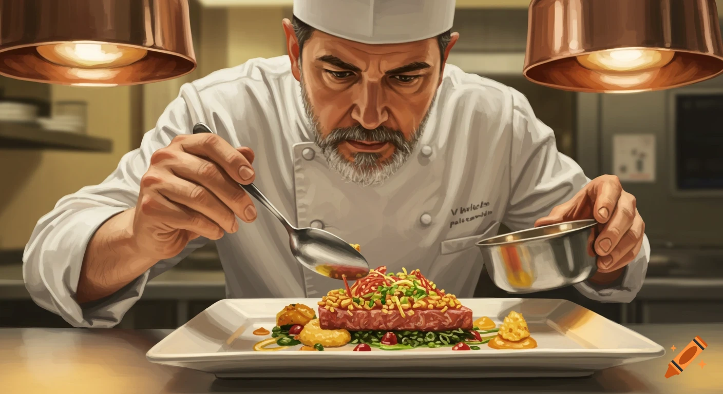 Digital painting of a chef plating a dish.