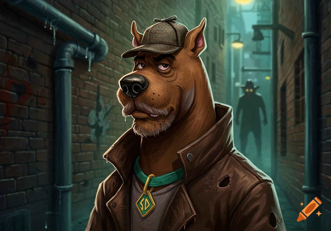Scooby-Doo as a detective in a trench coat and hat in a dark alley, with a silhouetted figure behind him.