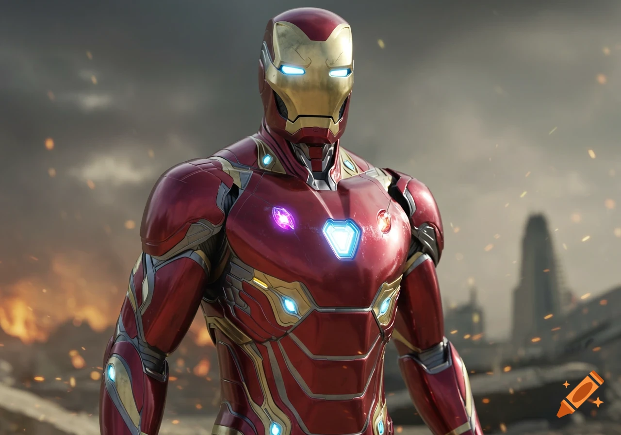 Close-up of Iron Man in his Mark 85 suit, glowing with energy, standing in a battlefield.