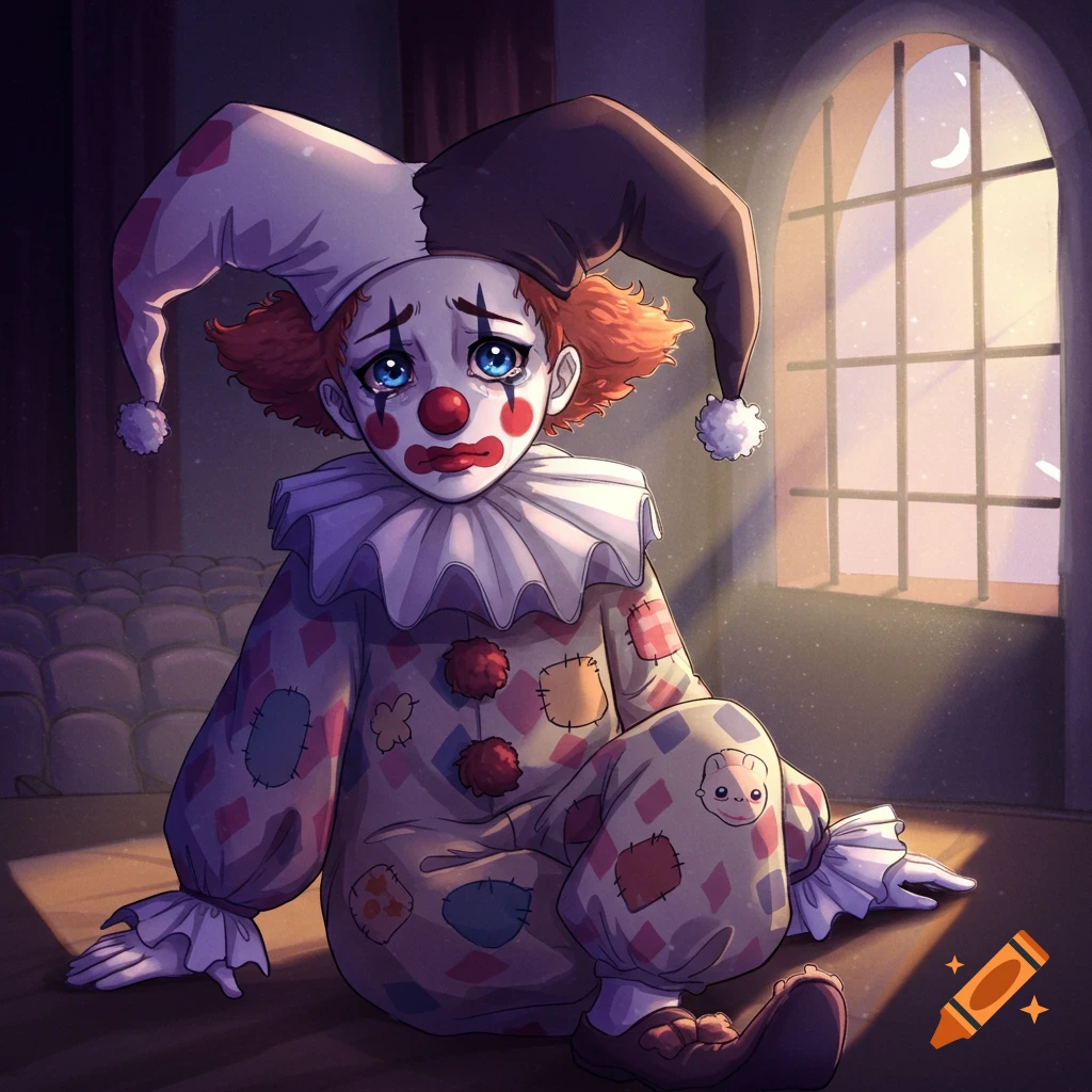Sad anime clown sitting on floor by a window