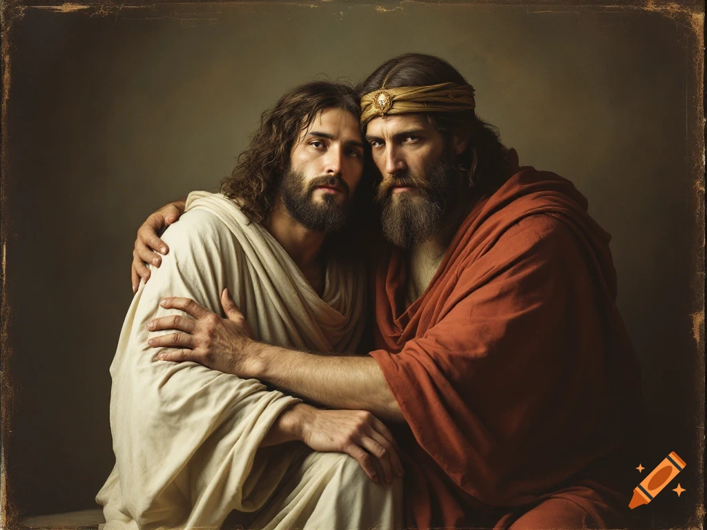 A realistic portrait of two men in robes, one with an arm around the other, against a dark background.