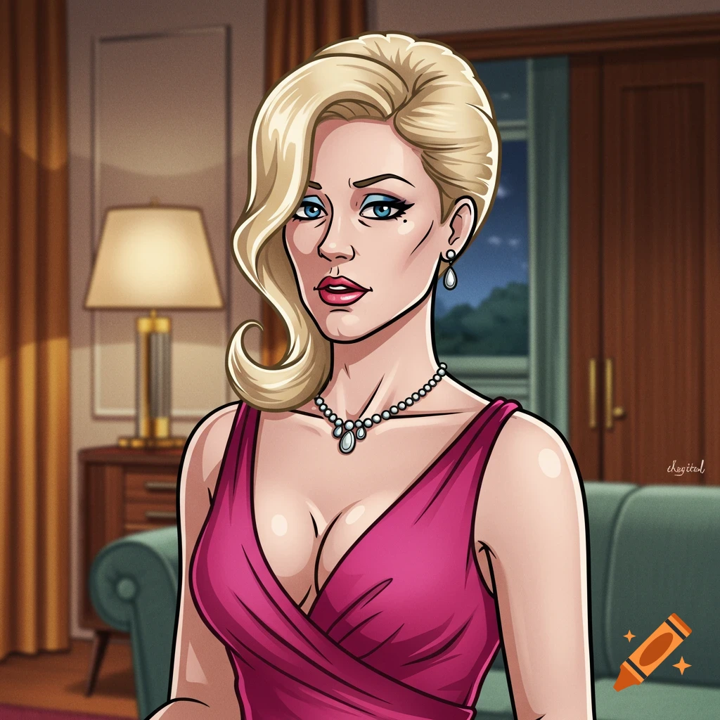 Illustration of a blonde woman in a pink dress and pearls in the style of Archer.