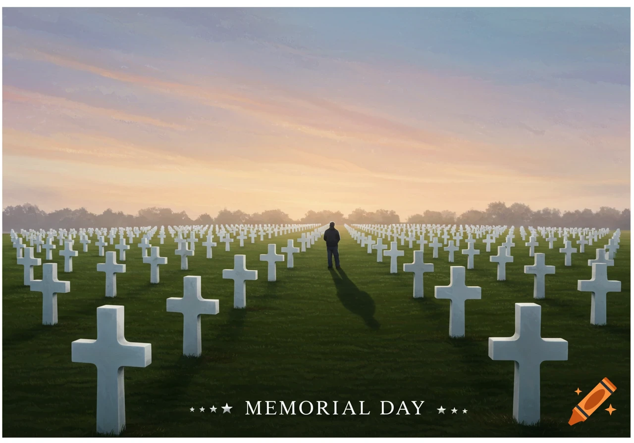 A lone figure stands in a large military cemetery with rows of white crosses stretching into the distance at sunset. The words "MEMORIAL DAY" are at the bottom.