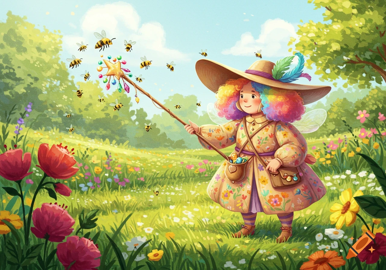Cartoon child with rainbow hair and wings holds a wand surrounded by bees in a sunny flower field.