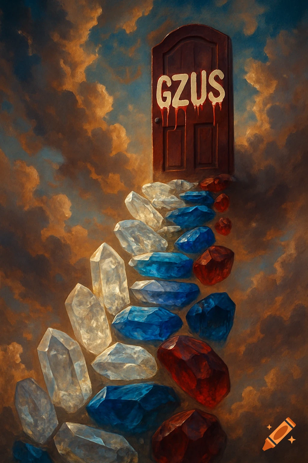 A door labeled GZUS at the top of a stairway made of crystals in a cloudy sky, painted style.