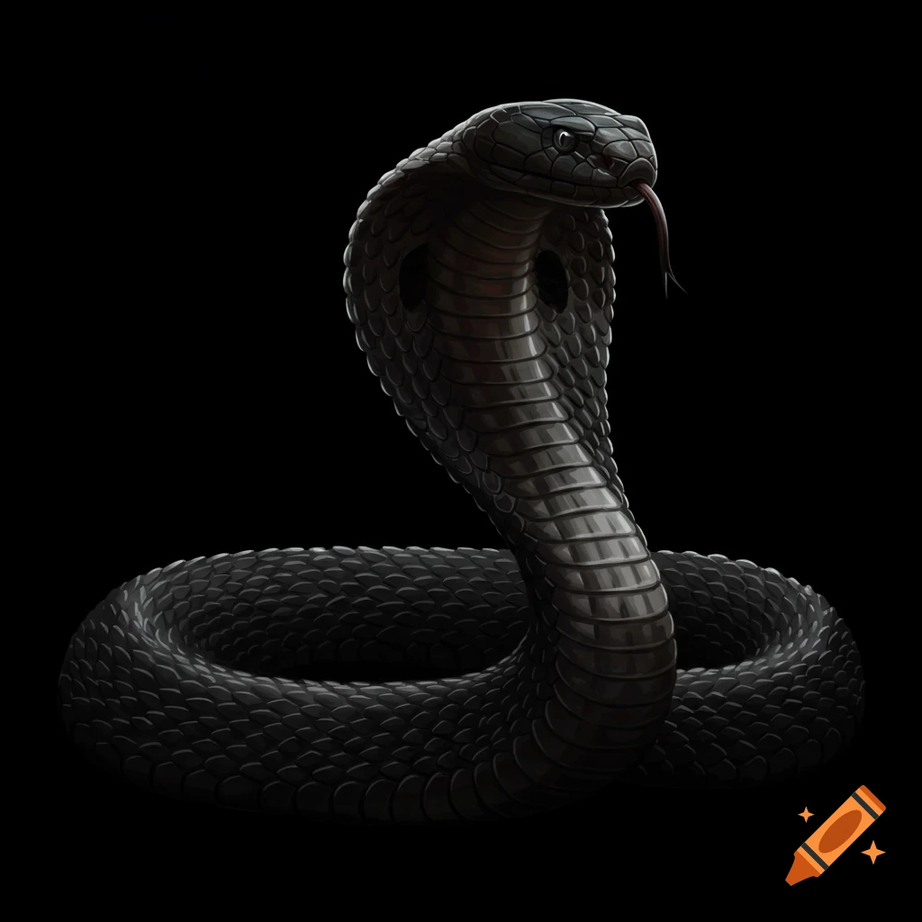 A black cobra snake with its hood spread on a dark background.