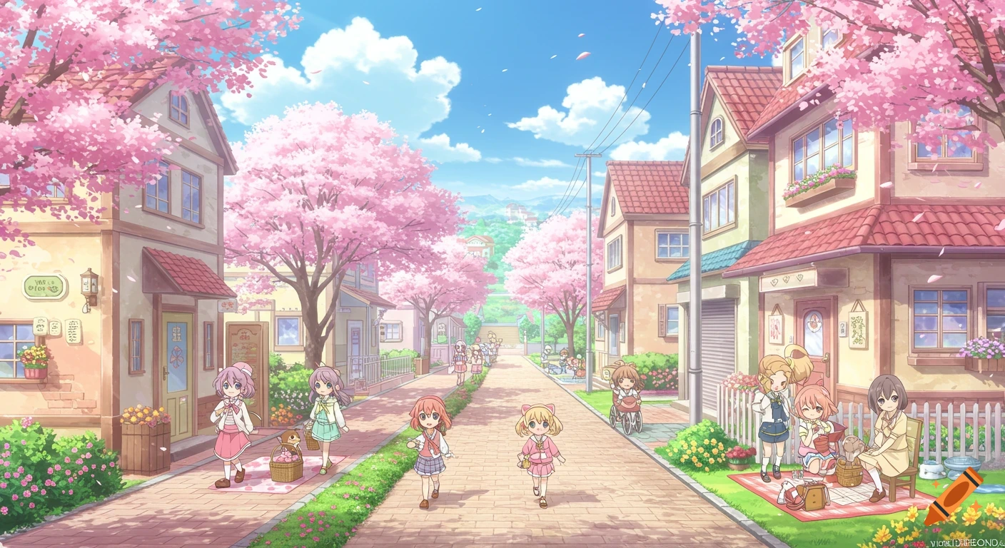 An anime scene of characters walking and picnicking on a suburban street lined with cherry blossom trees.