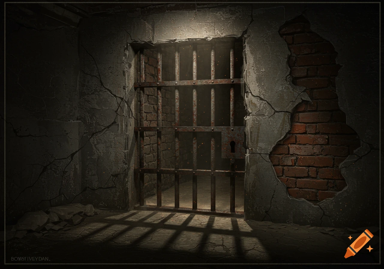 A dark dungeon cell with rusted metal bars and cracked concrete walls, with light casting shadows.