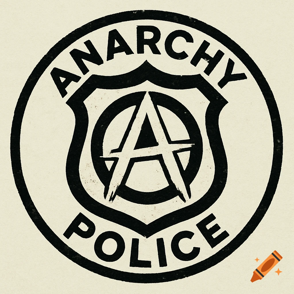 A black and white circular logo with the text ANARCHY POLICE around a shield containing the anarchy symbol.