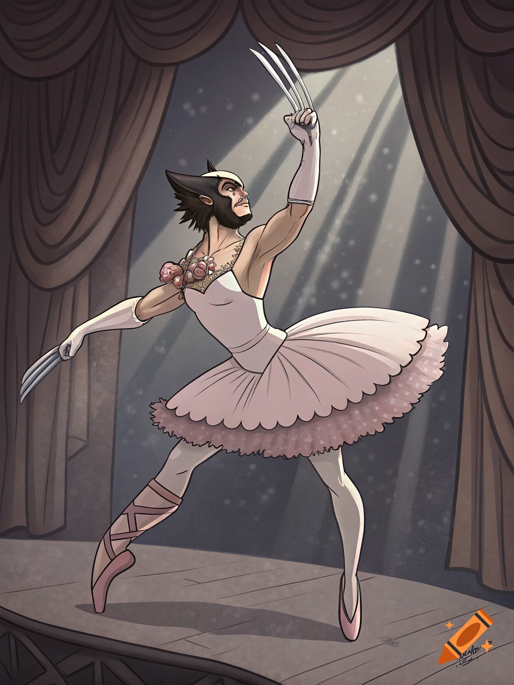 Wolverine performs ballet on a stage in a pink tutu and ballet slippers, cartoon illustration.