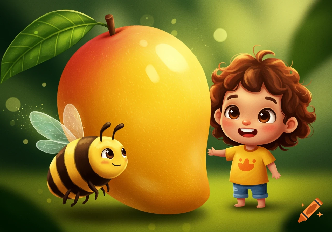 Cartoon illustration of a kid pointing at a large mango next to a bee.