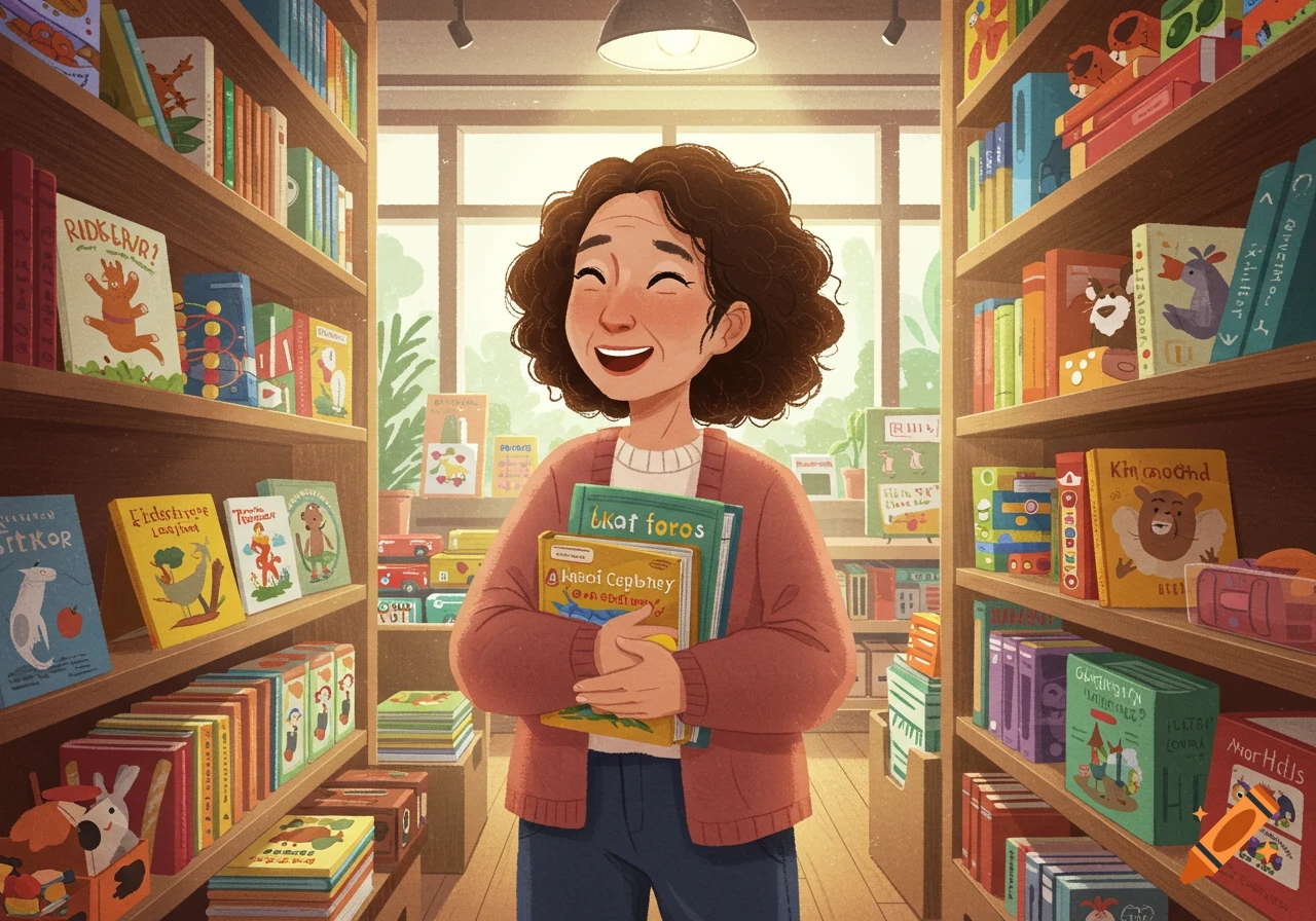 Illustration of a person holding books in a bookstore