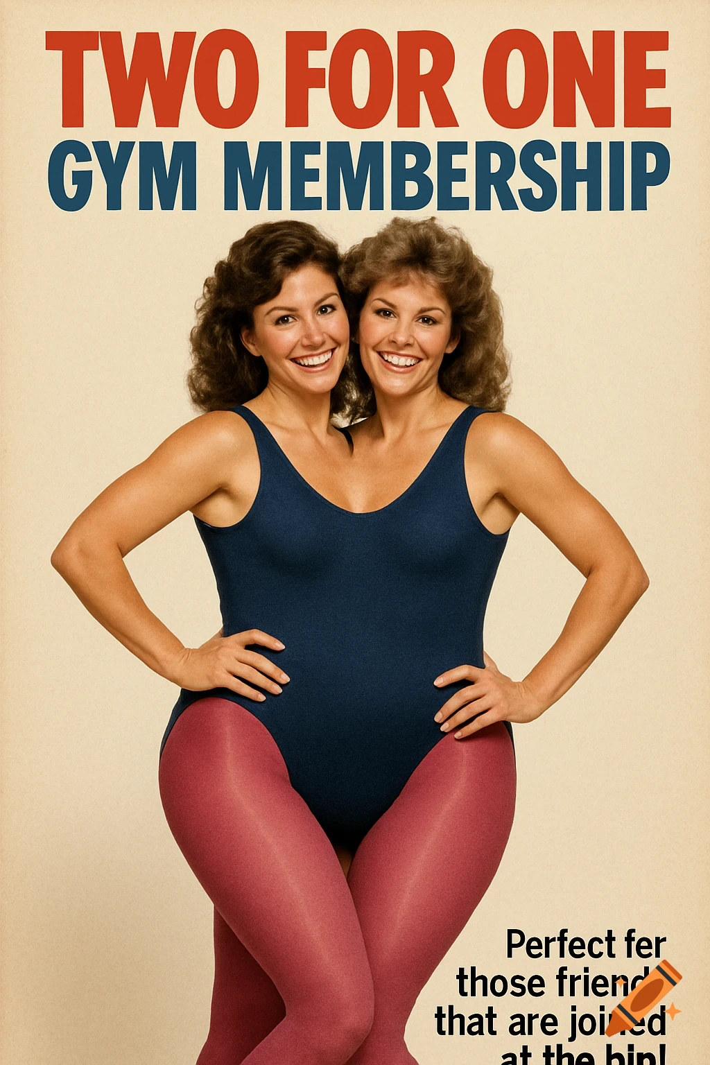 1980s style poster of a two-headed woman in a leotard and tights advertising a gym membership.