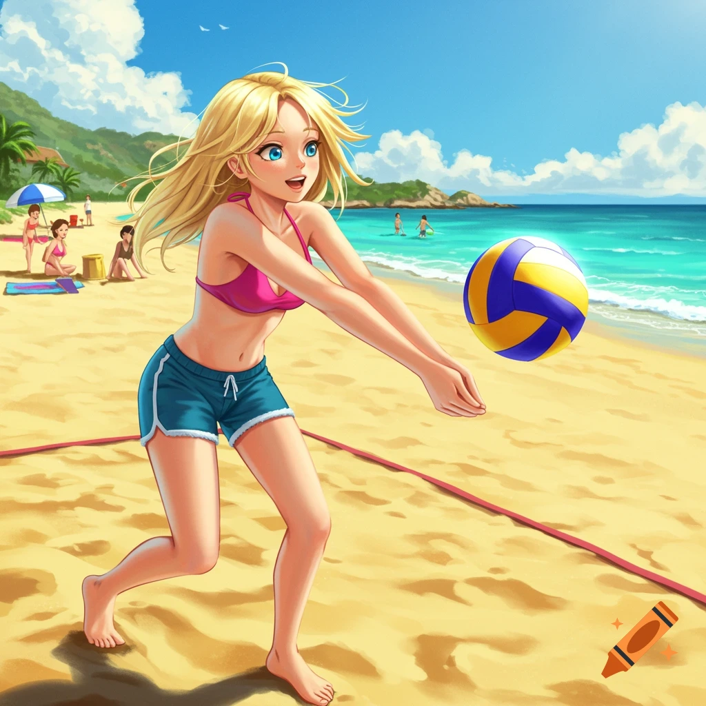 Anime-style blond girl playing beach volleyball on a sunny beach