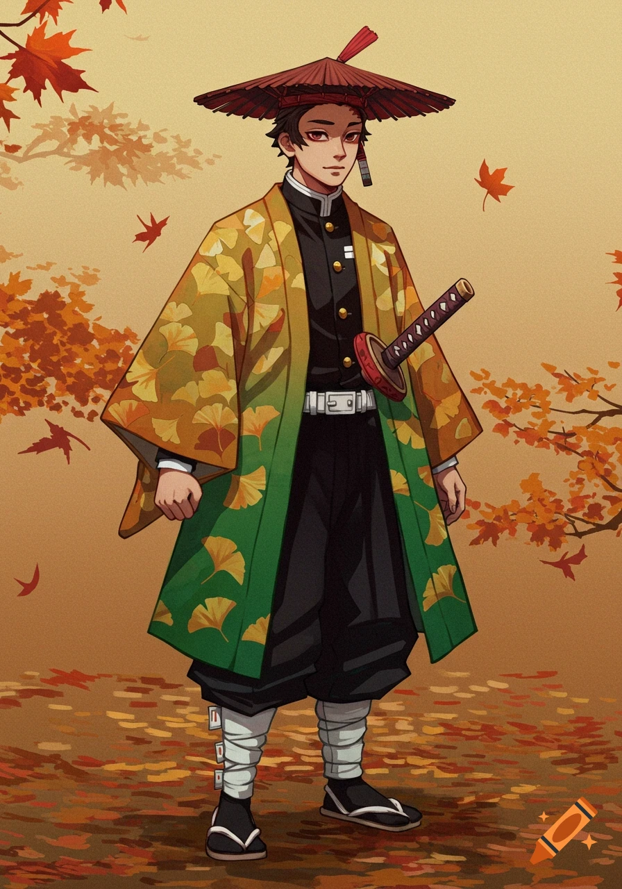 Anime character in traditional Japanese attire surrounded by autumn leaves.