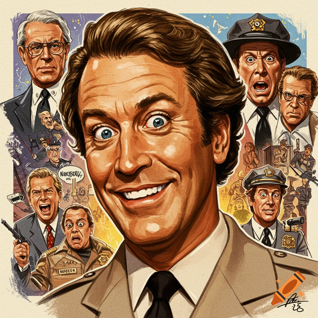 Illustrative collage of Naked Gun movie characters, with a large central portrait of Leslie Nielsen smiling, surrounded by smaller faces and scenes.