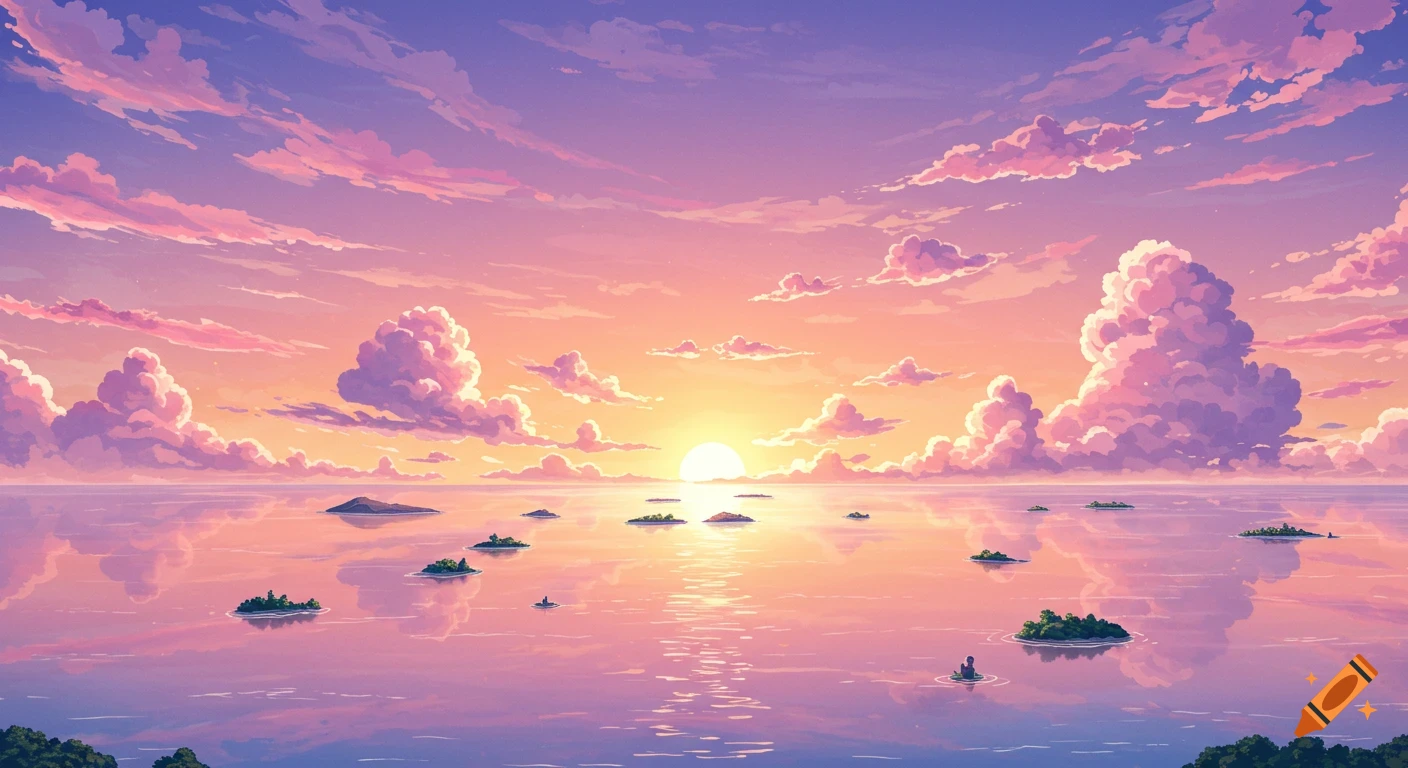 Anime landscape of a sunset over the ocean with scattered islands and ...