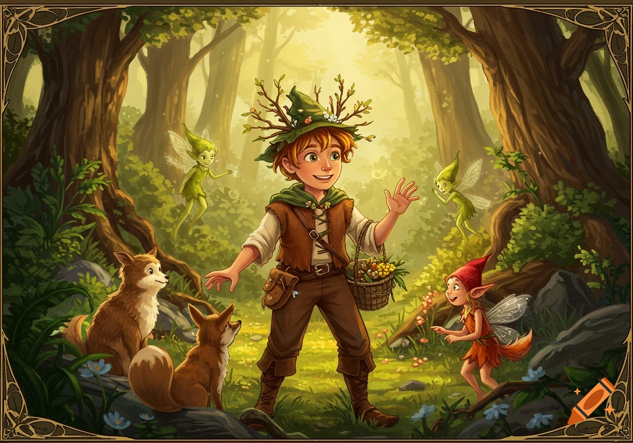A young boy with a leaf crown meets fairies and foxes in a sunny forest, storybook style.