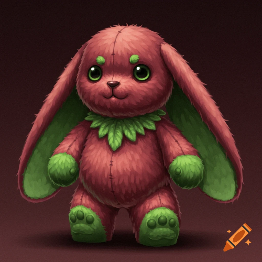 A red and green stuffed rabbit with long ears and green paws.