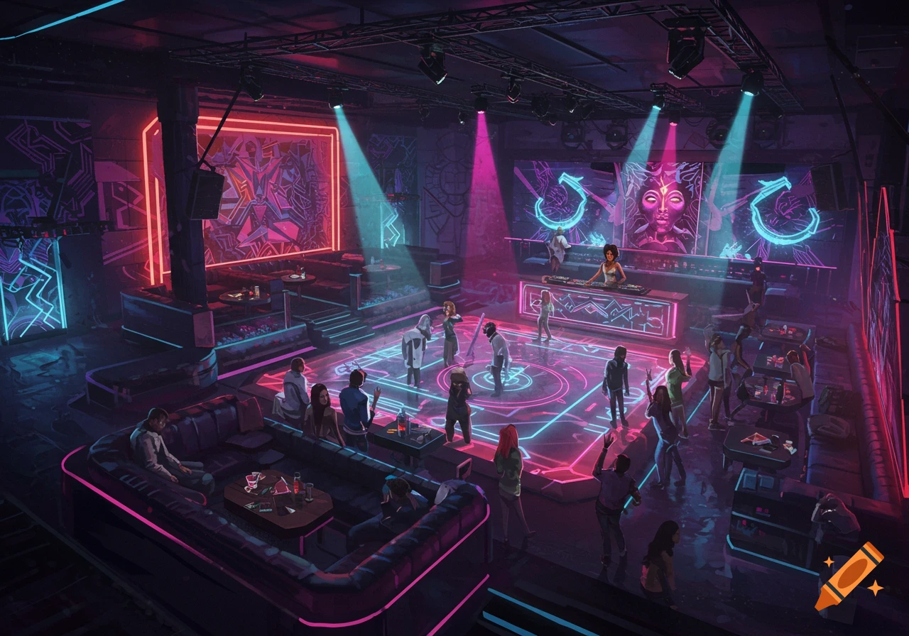A vibrant cyberpunk nightclub with neon lights, a DJ, and people dancing.