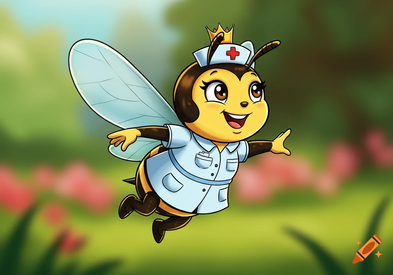 A cute cartoon bee flies while wearing a nurse's uniform and crown in a blurry outdoor setting.