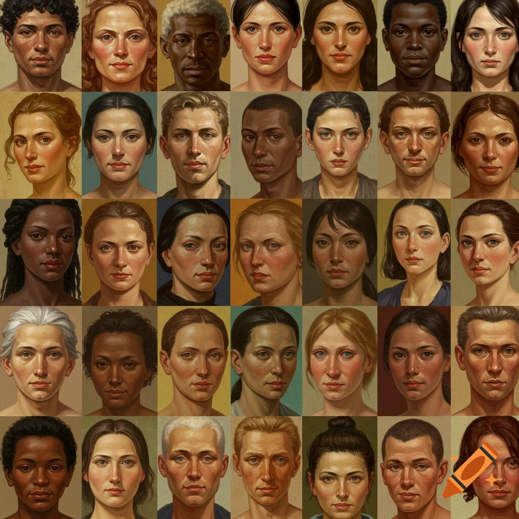 A grid of diverse human faces in a painterly style.