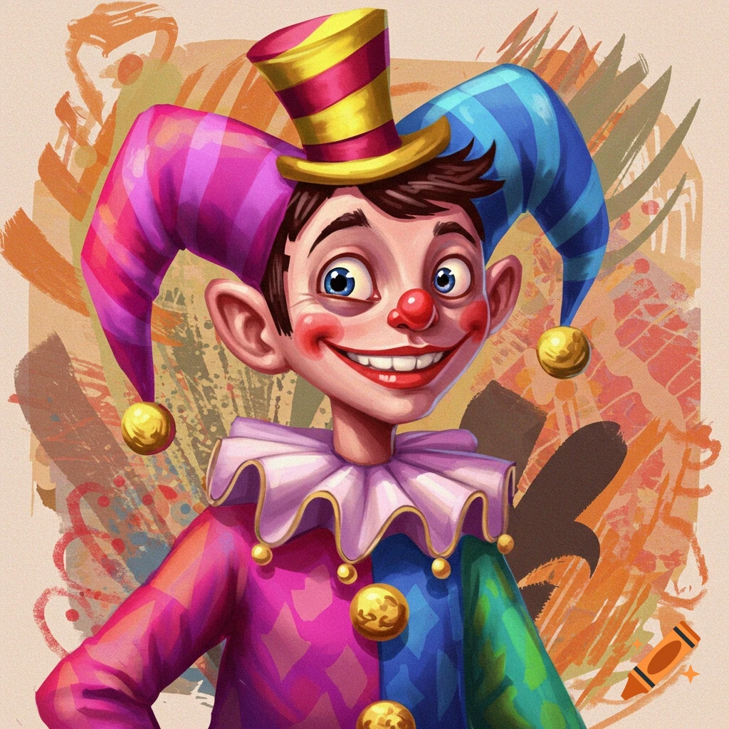 A colorful, stylized portrait illustration of a grinning jester wearing a multi-colored hat and ruff collar.