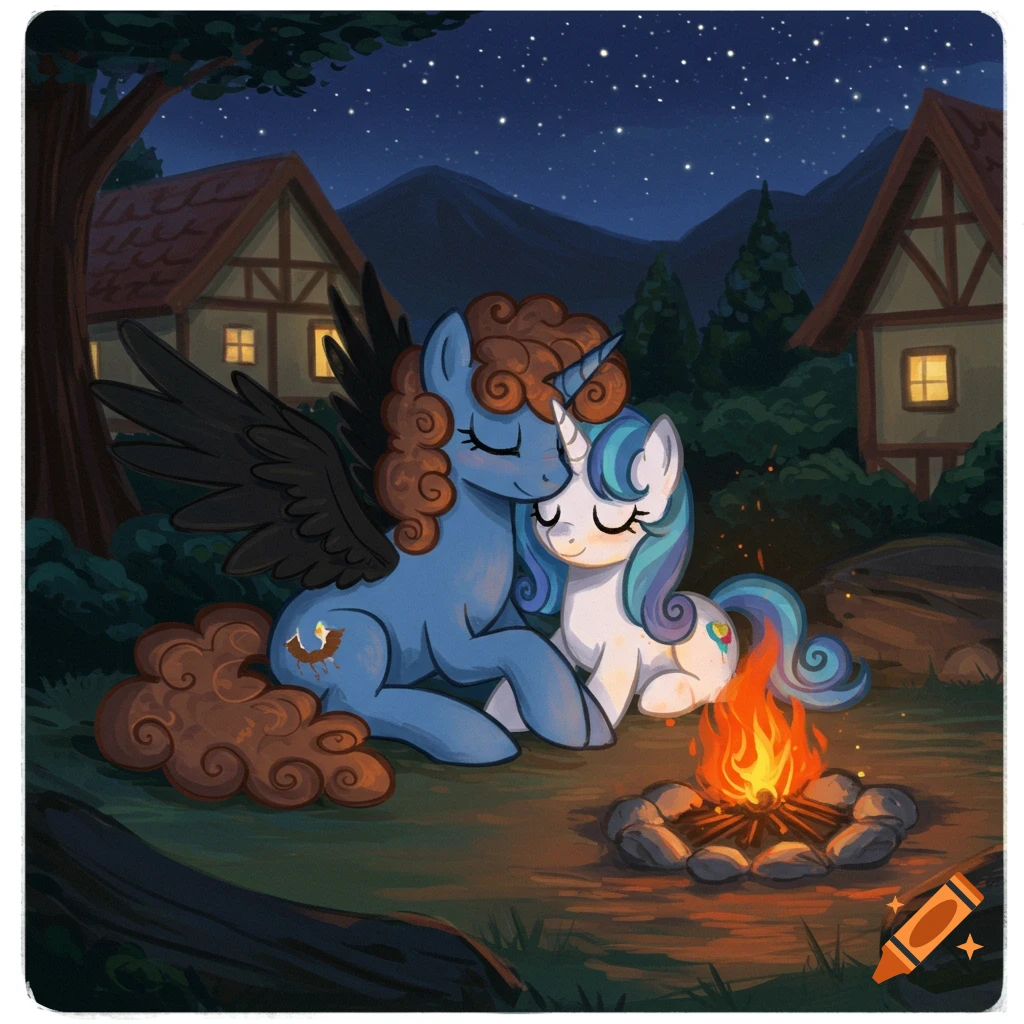 Two cartoon ponies cuddle by a campfire at night.