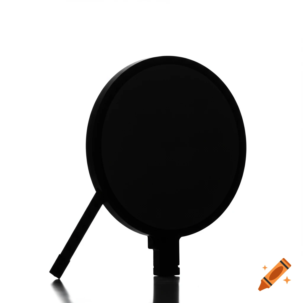 A black silhouette of a circular object with a stand on a white background.