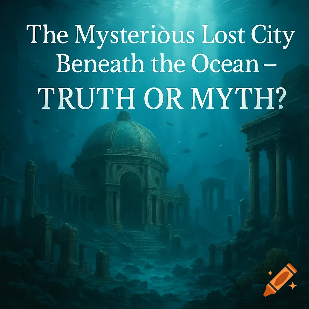 Underwater view of ancient ruins including a large domed building, with text overlay.