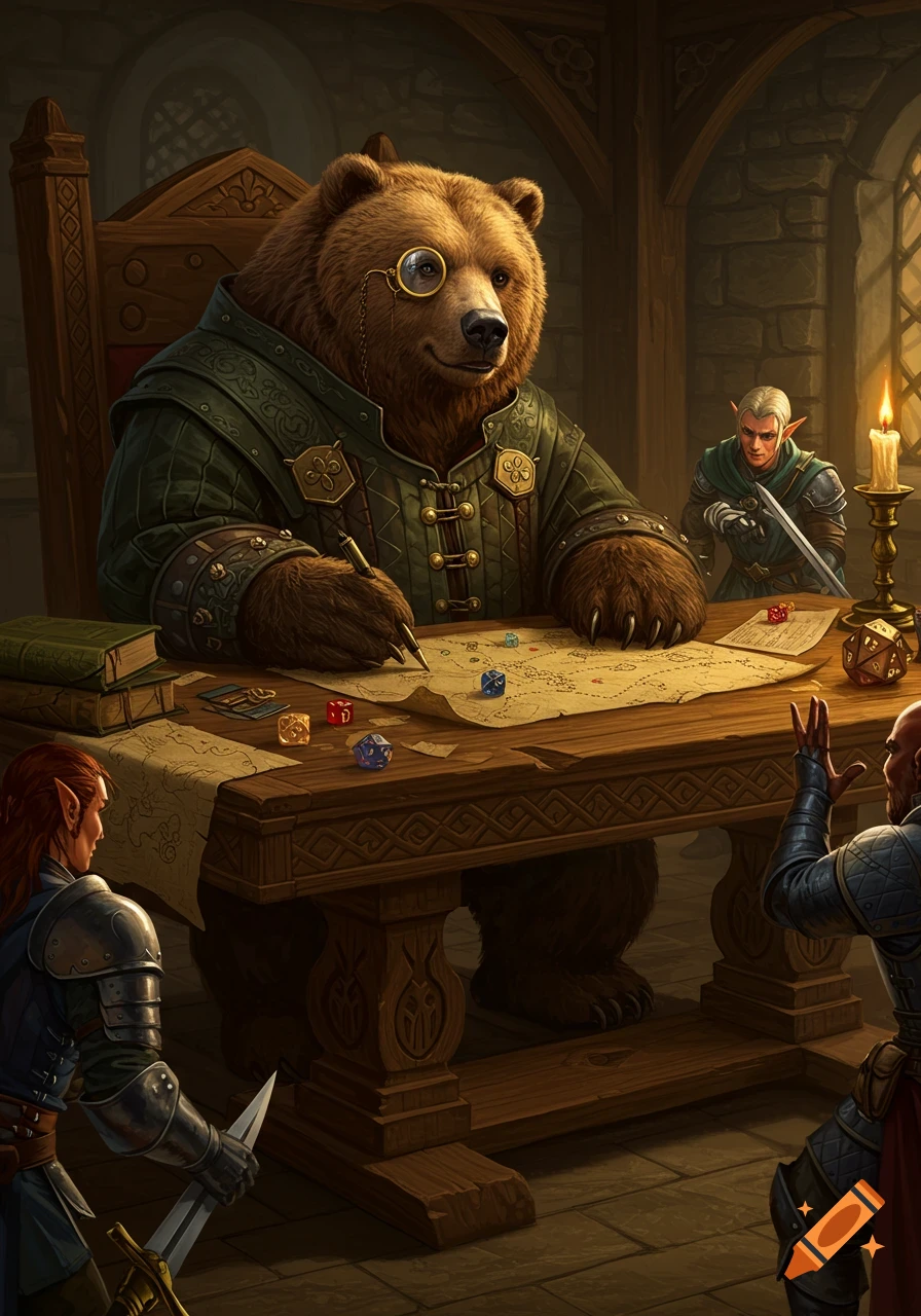 A large bear wearing a monocle and fantasy clothes acts as a D&D Dungeon Master, sitting at a table with a map, dice, and players.