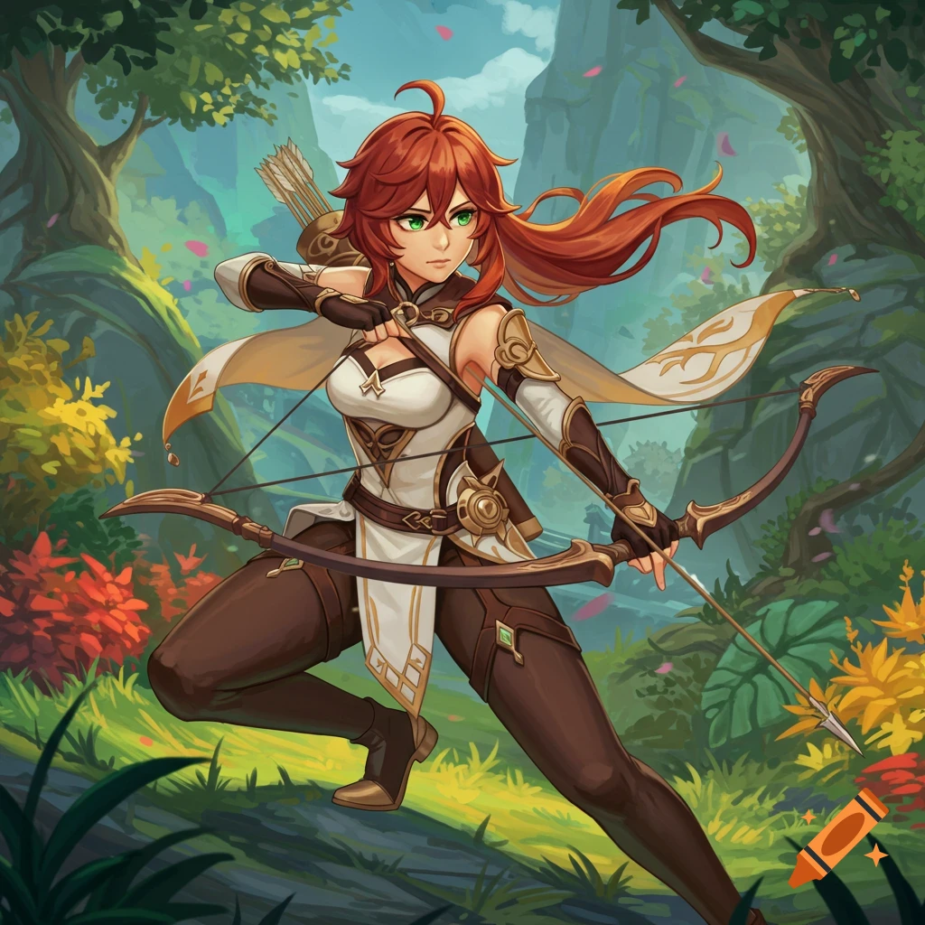Red-haired female fantasy archer drawing a bow in a forest, anime style illustration.