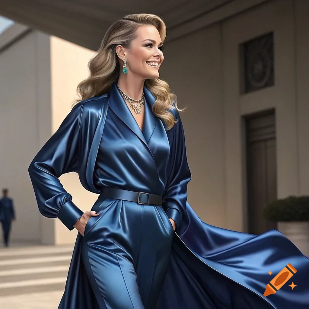 Glamorous woman in a flowing blue satin pantsuit walks outdoors.