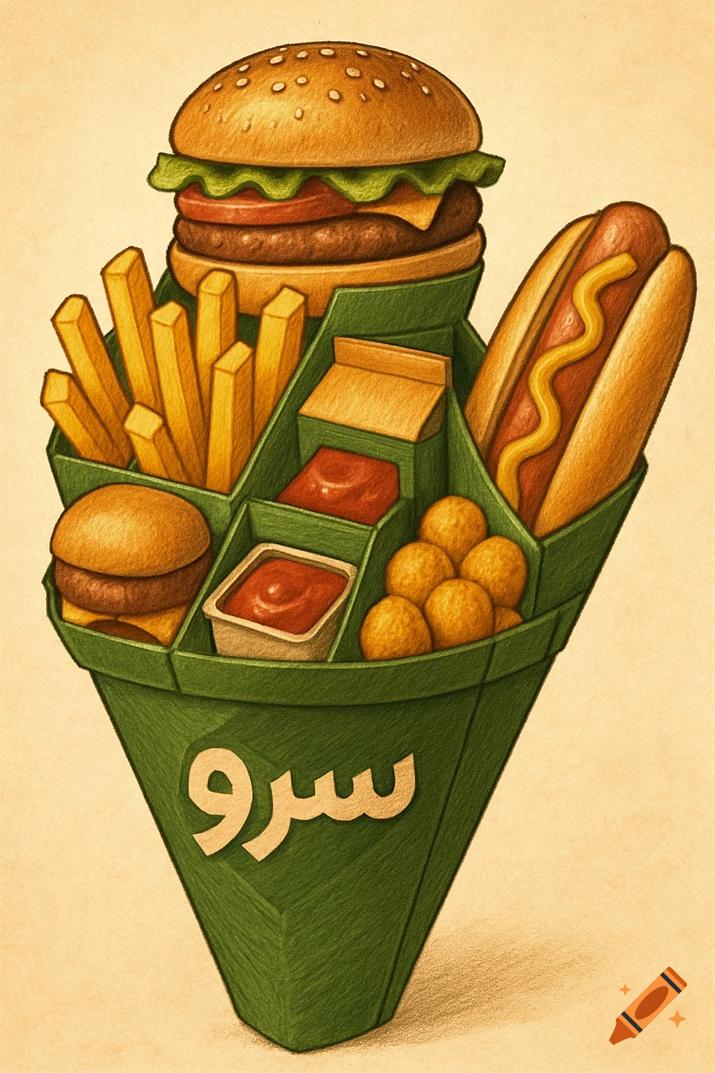 Stylized illustration of a cone-shaped container filled with fast food: burger, hot dog, fries, sauces, and round snacks, with text on the side.