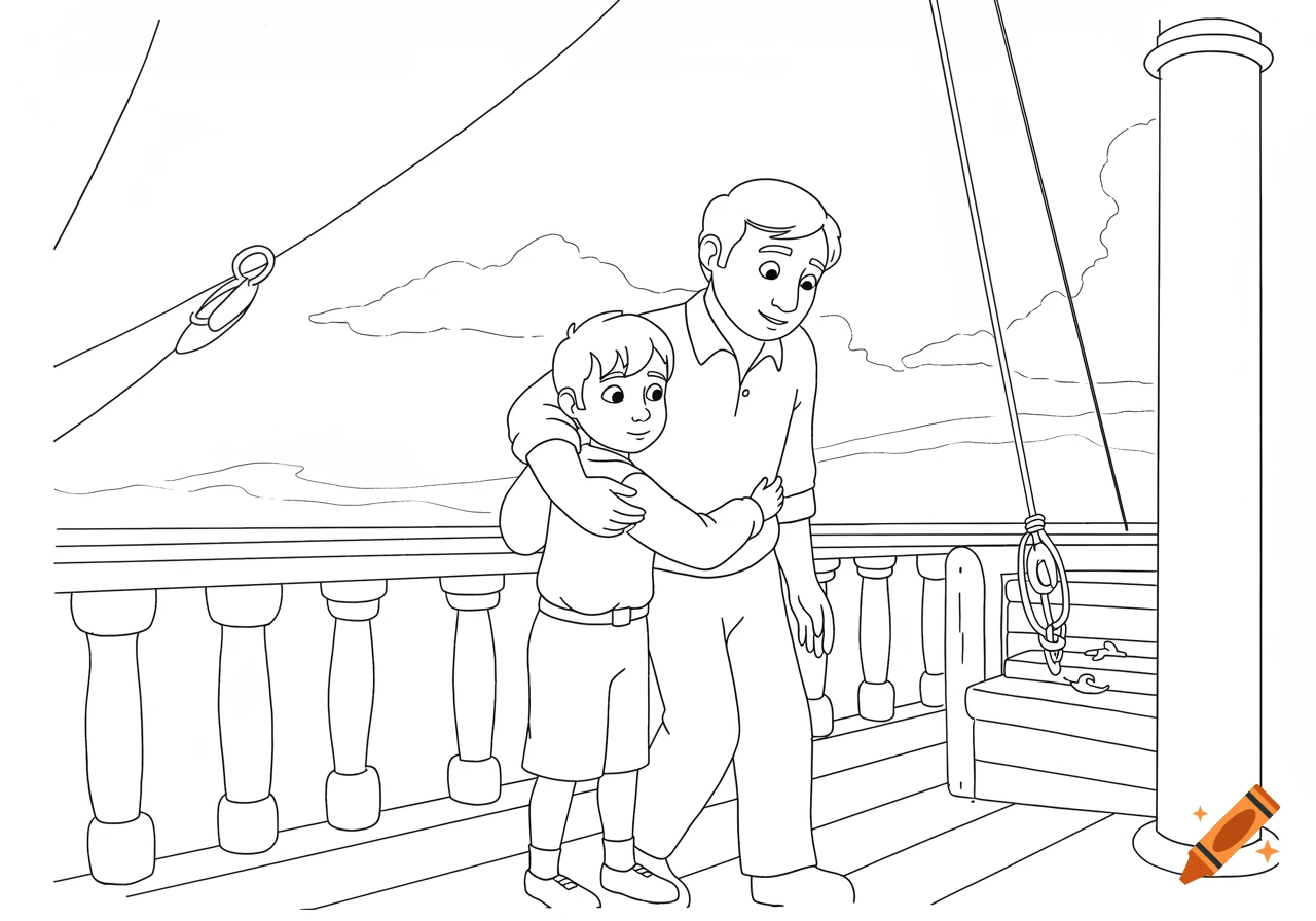 Black and white line drawing of a father and son hugging on a sailing ship deck.