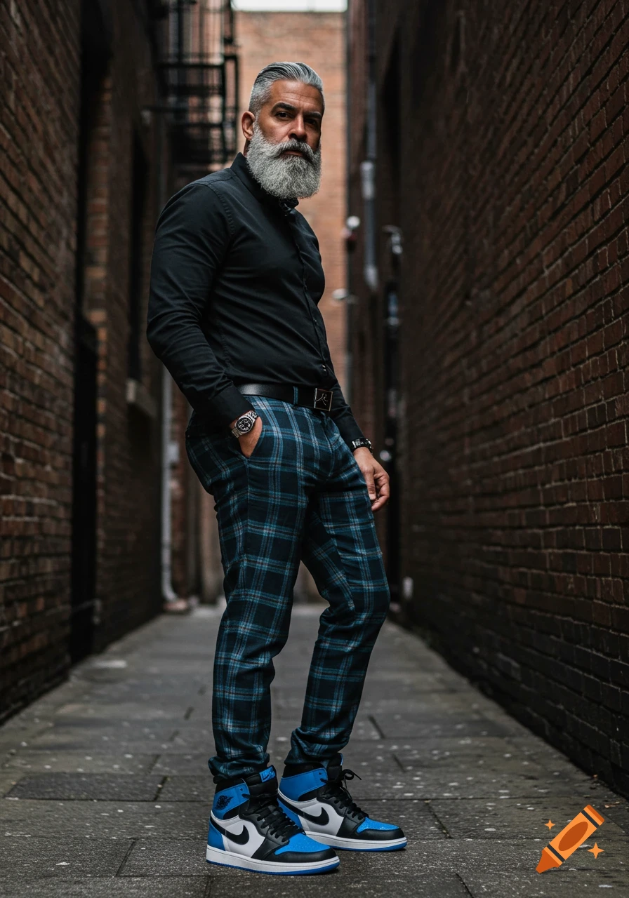 A stylish man in a black shirt and tartan trousers stands in an alley.