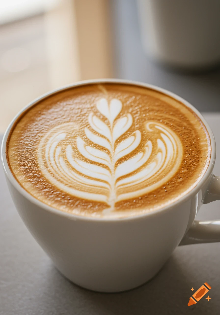 Close-up of coffee in a white cup with latte art.