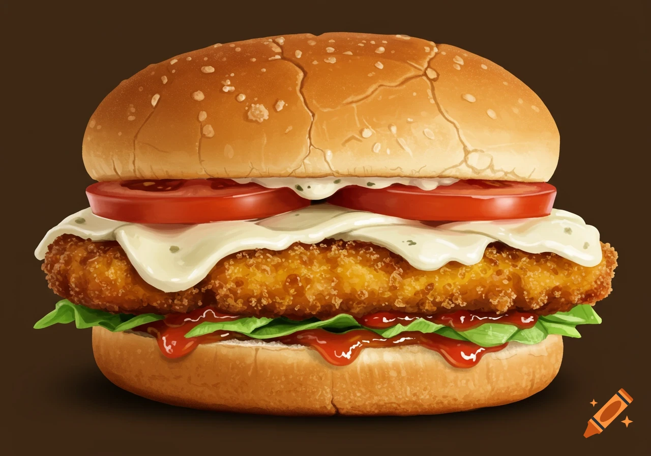 Detailed illustration of a chicken burger with lettuce, tomato, and sauces on a bun.