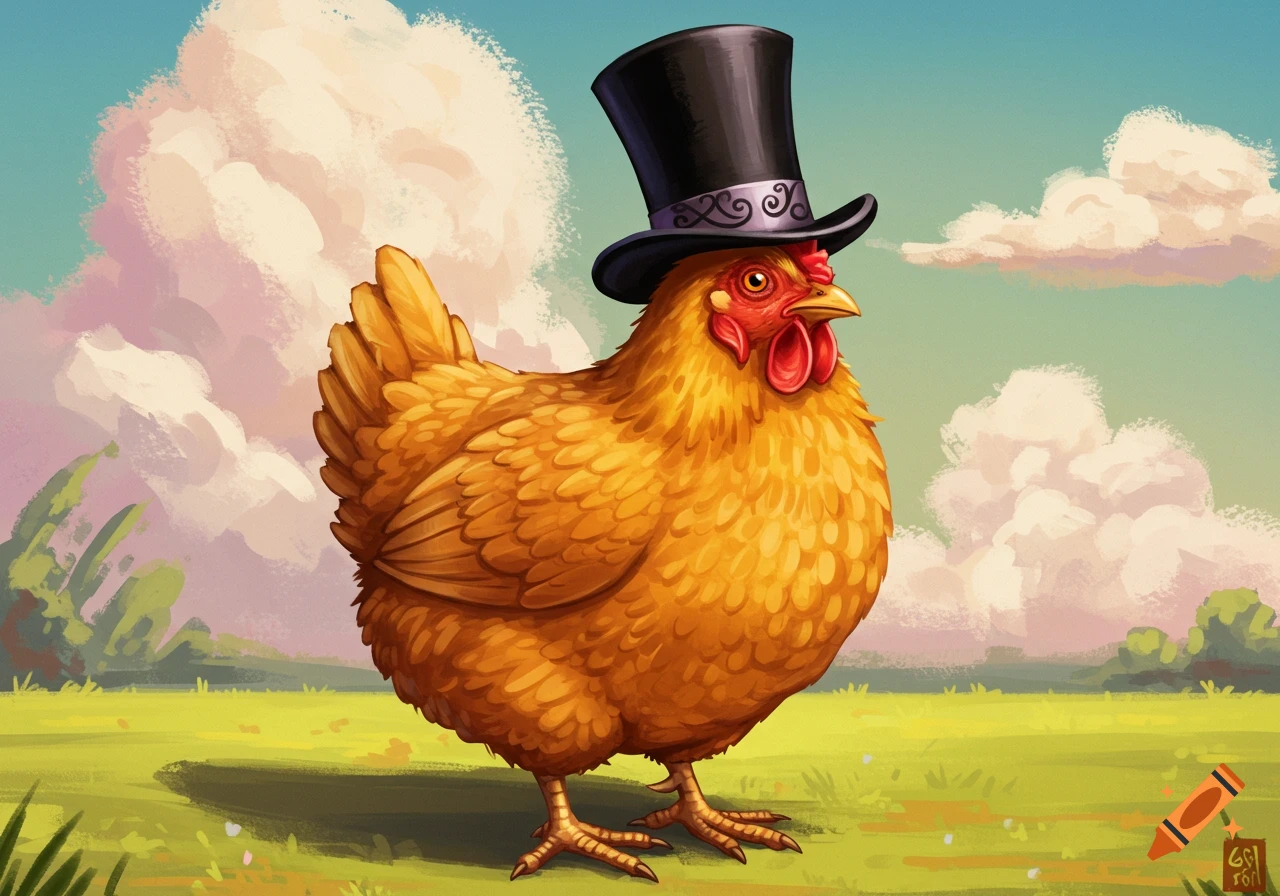 Illustration of a chicken wearing a black top hat standing in a grassy field under a cloudy sky.