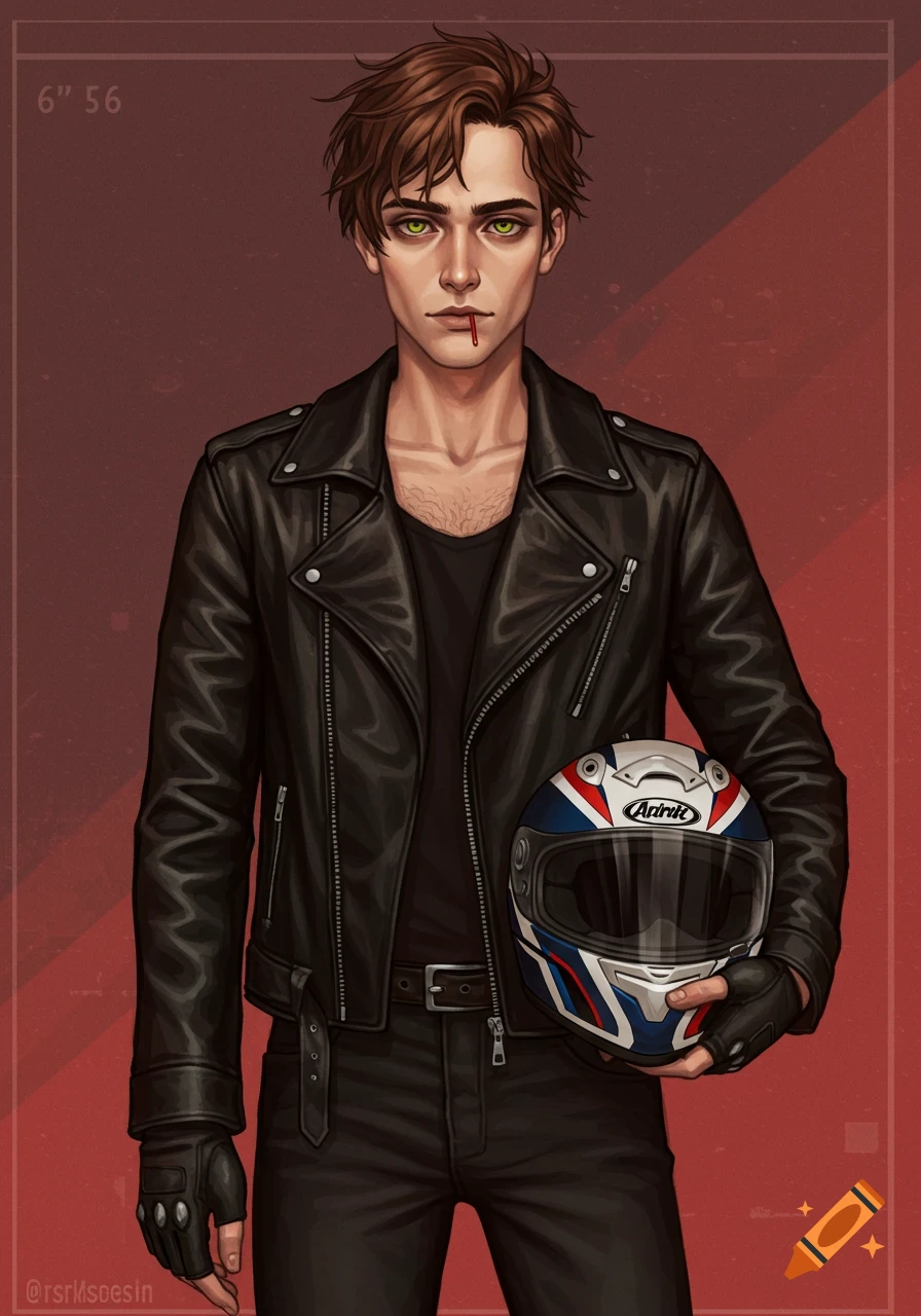 Illustration of a young man in a black leather jacket holding a motorcycle helmet. He has brown hair, green eyes, and blood on his lip.