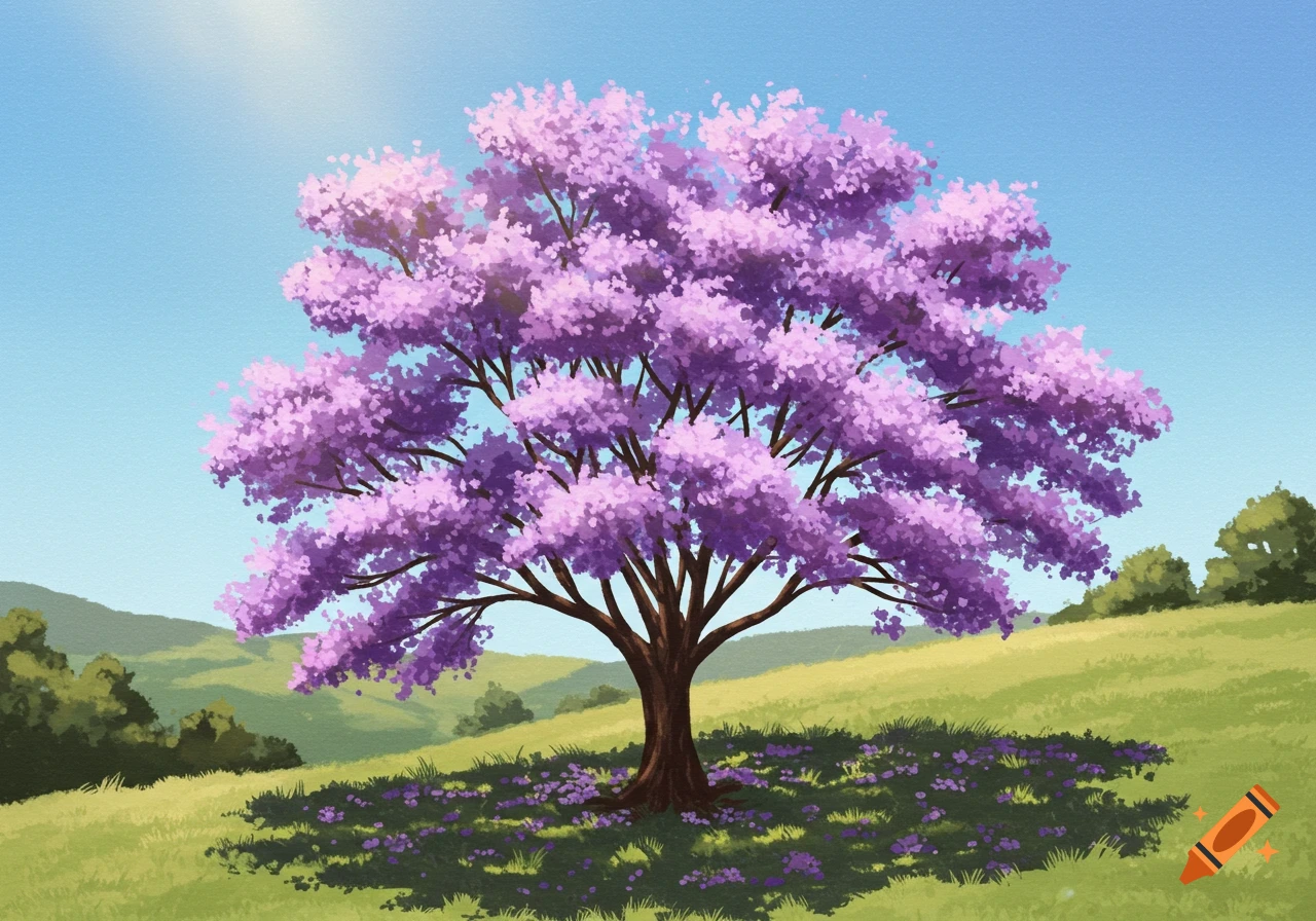 Watercolor painting of a purple flowering tree on a grassy hill.