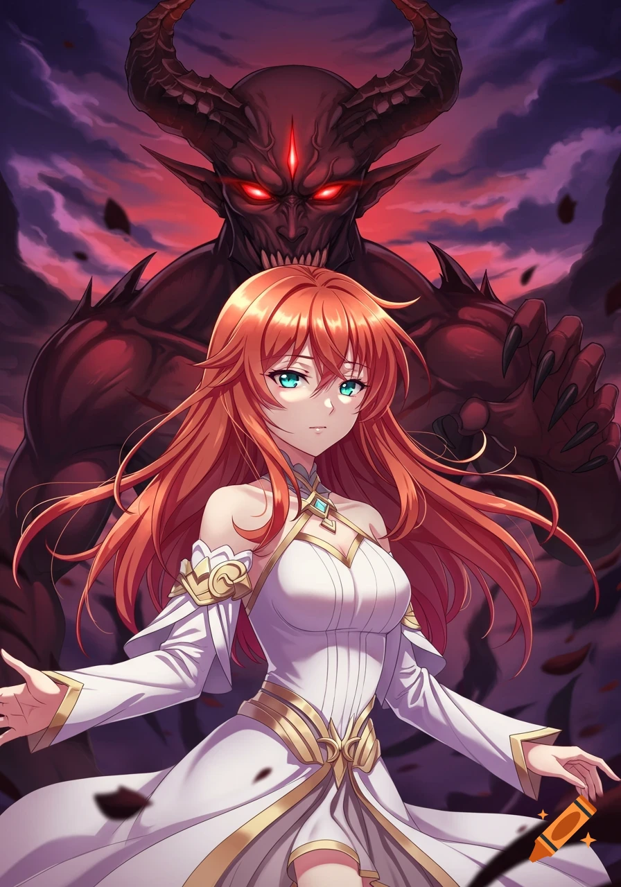 Anime woman with red hair and white dress standing in front of a dark ...