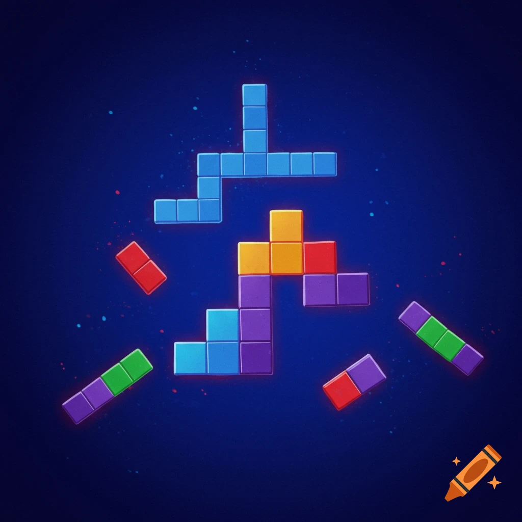 Colorful geometric shapes resembling Tetris blocks on a dark blue background.