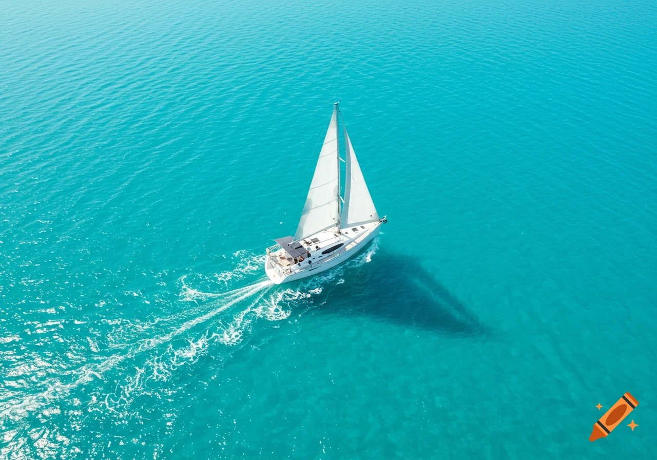 Aerial view of a white sailboat on bright blue water