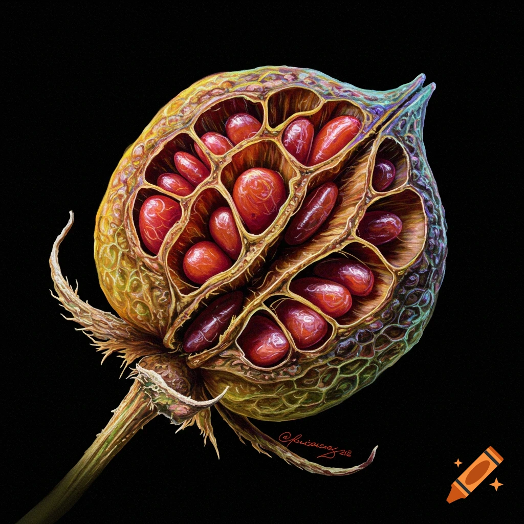 Detailed illustration of an opened seed pod revealing many red seeds inside, set against a black background.