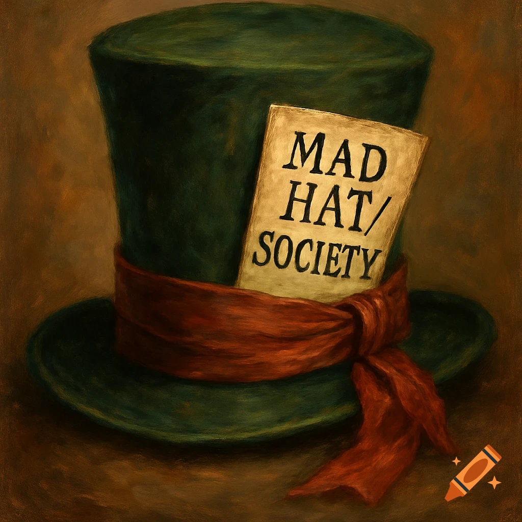A painted illustration of a green Mad Hatter hat with a red ribbon and a tag saying 'MAD HAT/ SOCIETY'.
