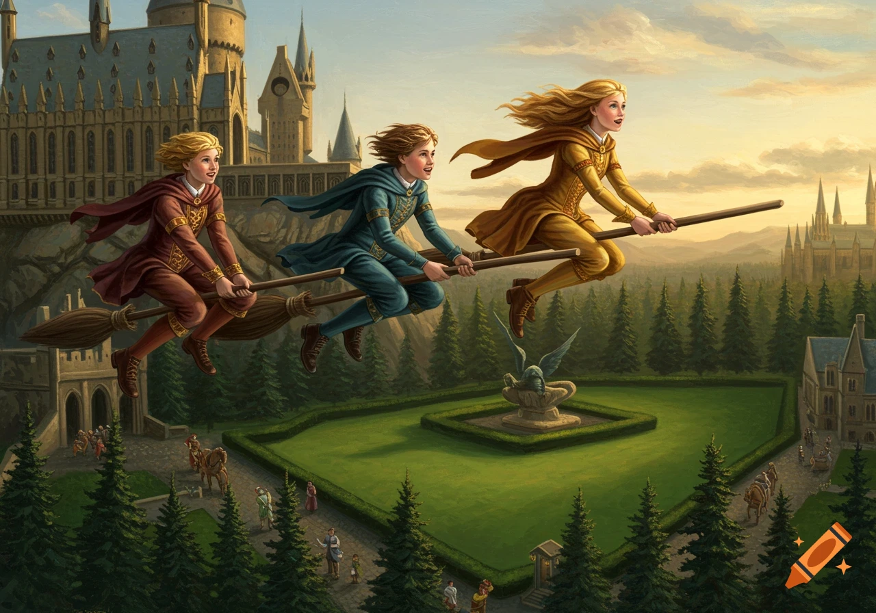 Three children fly on brooms over castle grounds in an oil painting style.